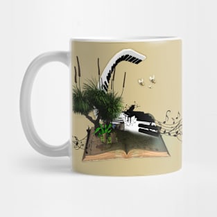 A piano is flying out of a book. Mug